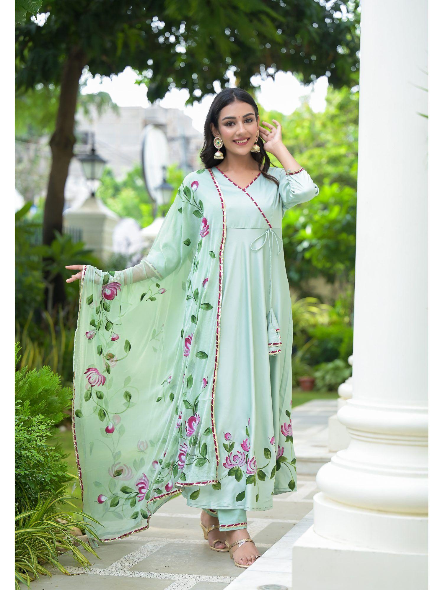 mint green hand painted satin anarkali suit (set of 3)