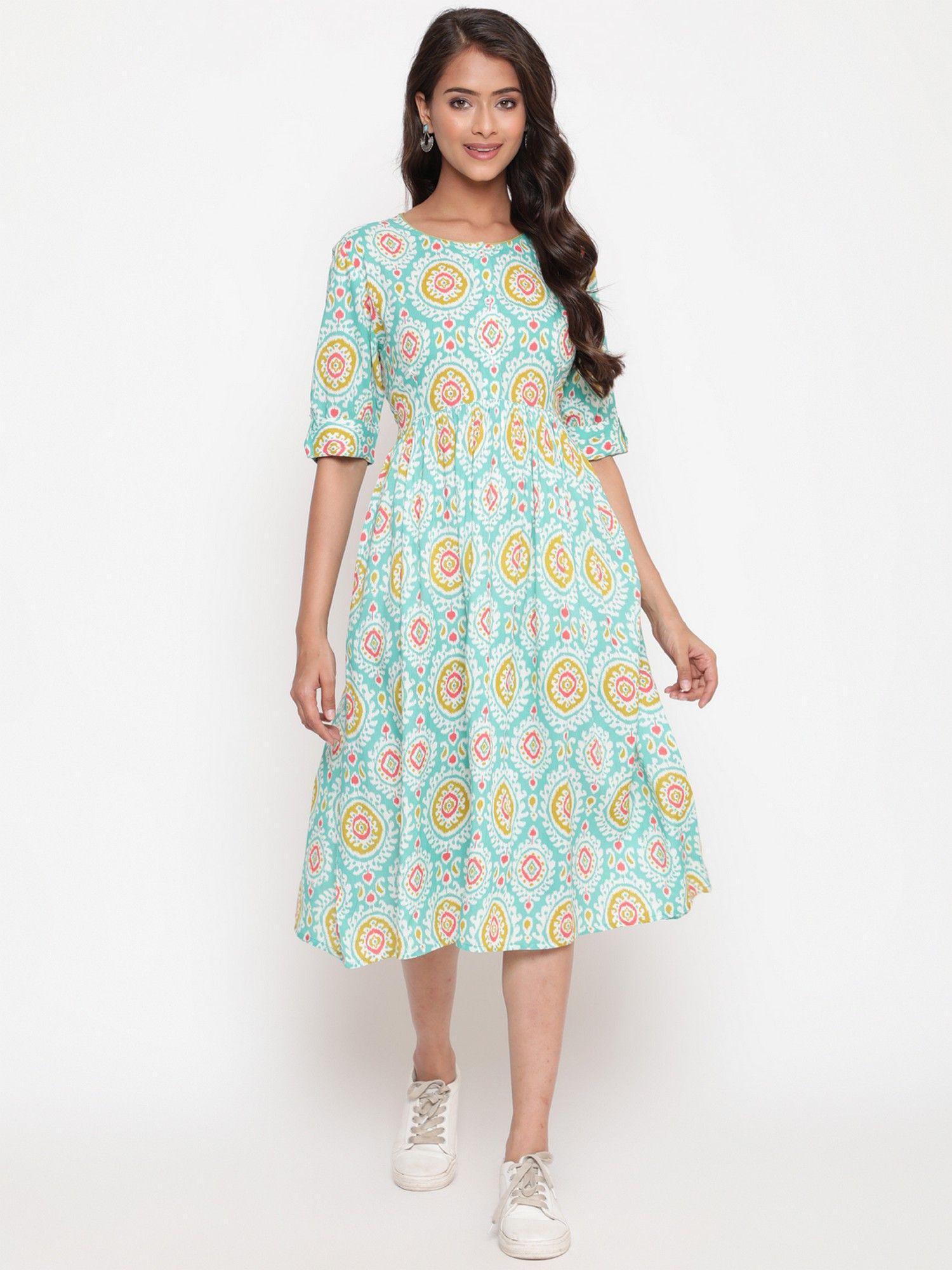 mint green ikat printed knee length designer dress