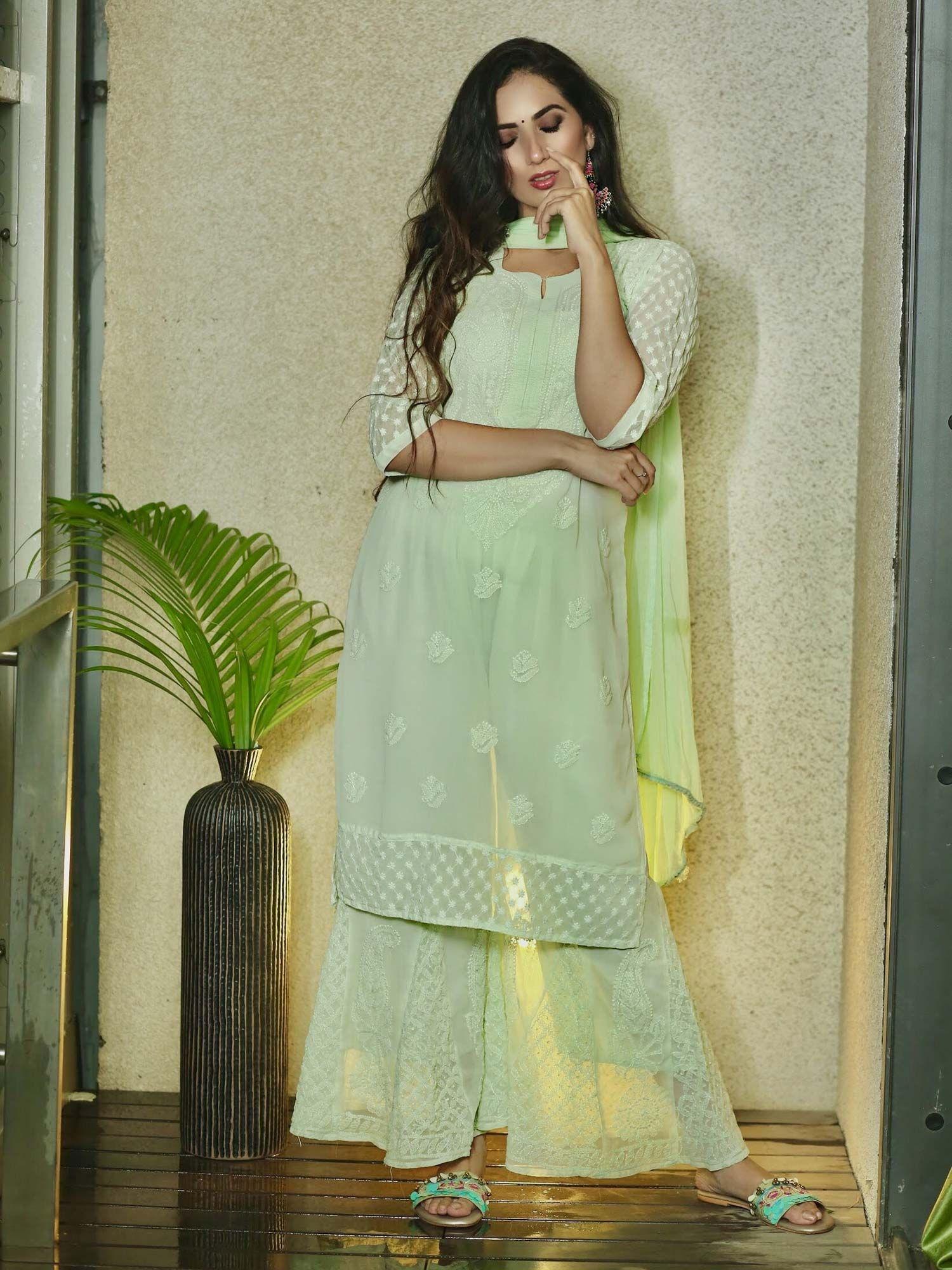 mint green kurta with palazzo & dupatta (set of 3)