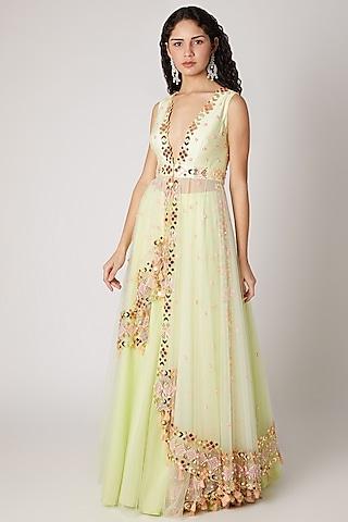 mint green lehenga with embroidered jacket