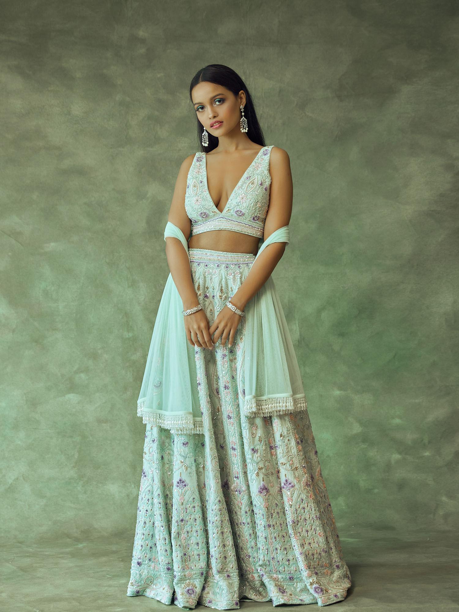 mint green lehenga with hand embroidery blouse with dupatta (set of 3)