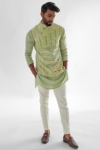 mint green linen satin embroidered nehru jacket