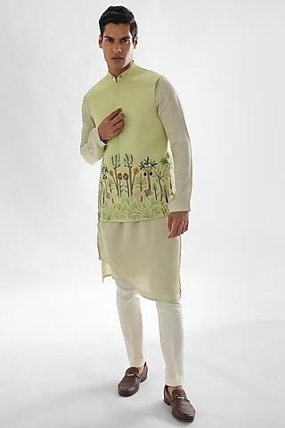 mint green linen satin embroidered nehru jacket