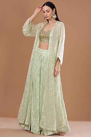 mint green lurex georgette sequins embroidered & handwoven printed banarasi cape set