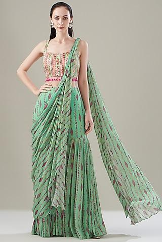 mint green modal & tulle printed gharara pant saree set