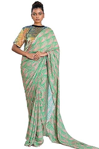 mint green muslin shibori digital printed saree set