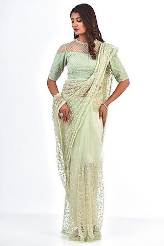 mint green net cutdana embroidered saree set
