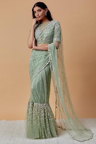 mint green net embroidered saree set