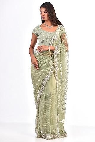 mint green net sequins embroidered saree set