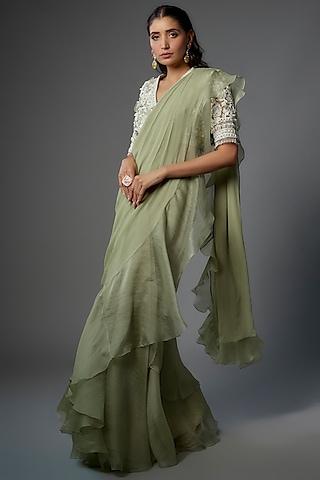 mint green organza & chiffon draped ruffled saree set
