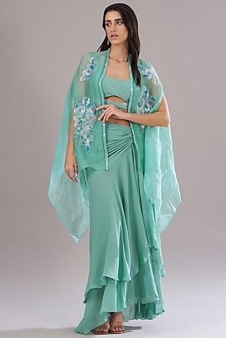 mint green organza embroidered cape set