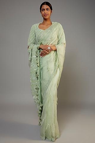 mint green organza embroidered saree set