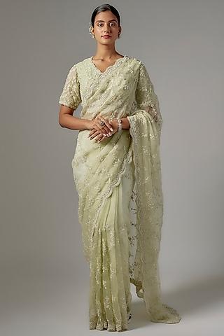 mint green organza embroidered saree set