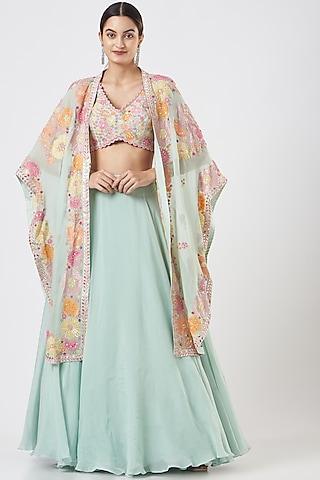 mint green organza lehenga set with cape