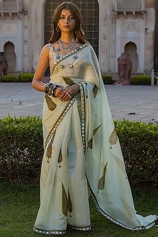 mint green organza silk printed saree set