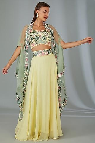 mint green organza thread hand embroidered cape set