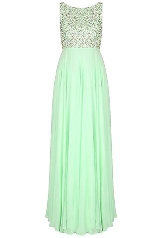 mint green pearls and sequins embellished flared cutout gown