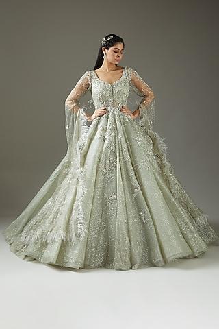 mint green pleated tulle gown with dupatta