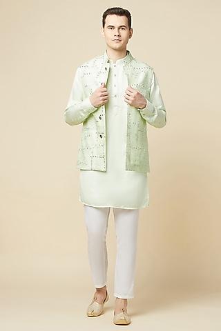 mint green polyester cotton embroidered bundi jacket with kurta set for boys