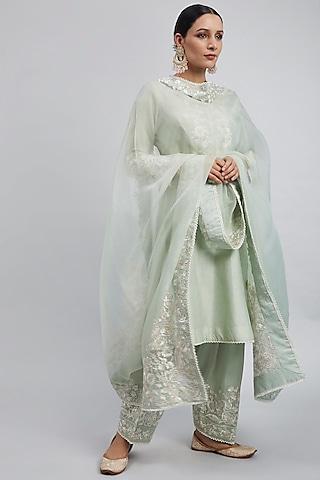 mint green princess-cut embroidered kurta set