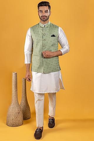 mint green printed bundi jacket with kurta set for boys