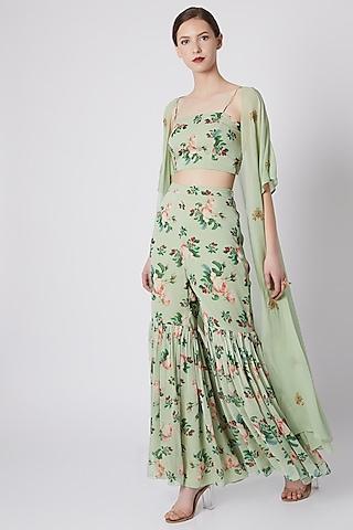 mint green printed embroidered crop top with pants & cape