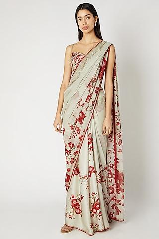 mint green printed embroidered saree set
