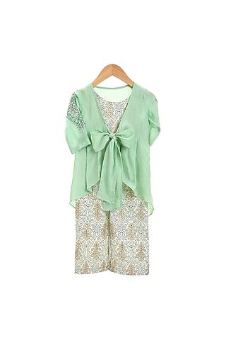 mint green printed jumpsuit with embroidered jacket for girls