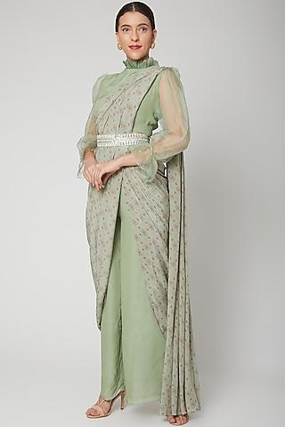 mint green printed pant saree set with belt