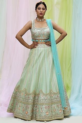 mint green raw silk embroidered lehenga set