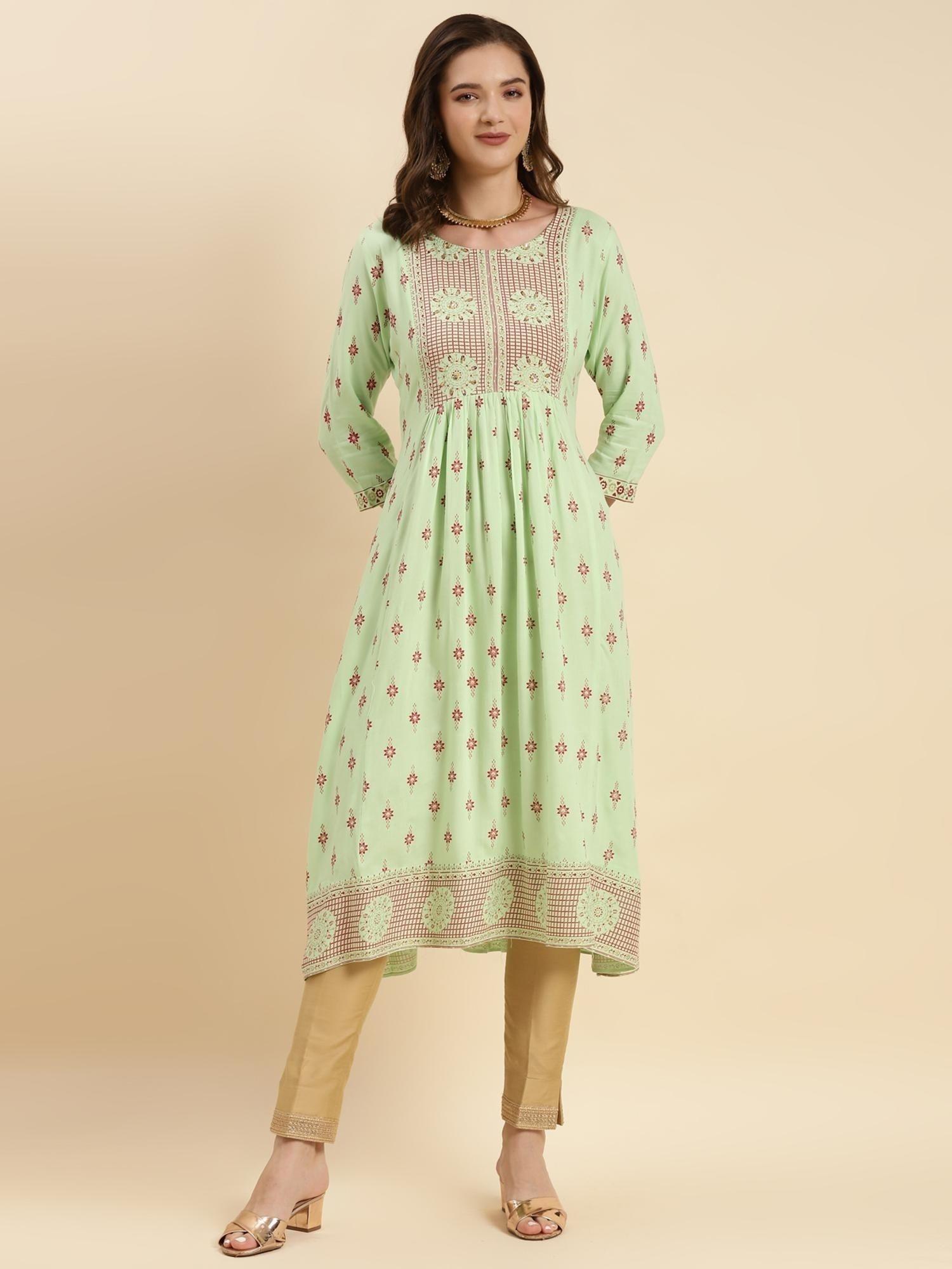 mint green rayon embroidered calf length flared kurta