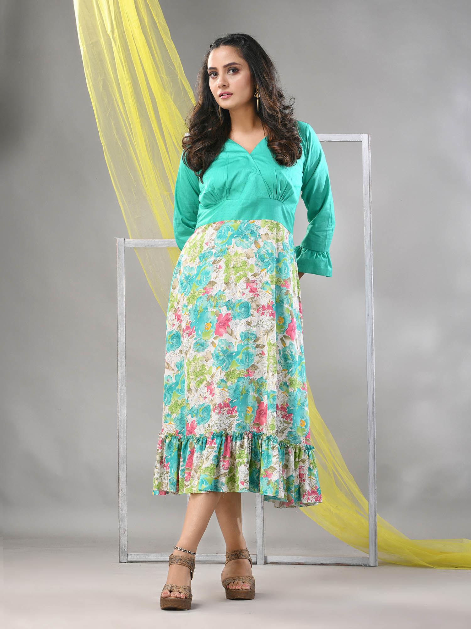 mint green rayon printed flared ethnic dress