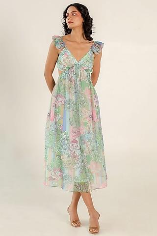 mint green recycled chiffon floral printed midi dress