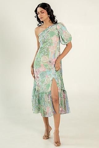 mint green recycled chiffon floral printed one-shoulder dress