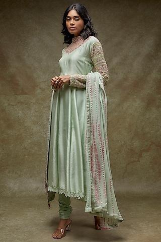 mint green russian silk embellished anarkali set