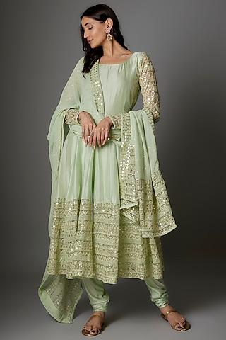 mint green russian silk embellished anarkali set