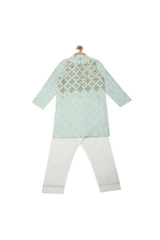 mint green self embroidered kurta set for boys