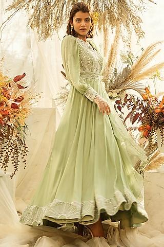 mint green sequins embroidered anarkali set