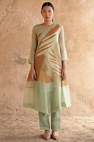 mint green shimmer cupro wrinkle abstract printed a-line kurta set