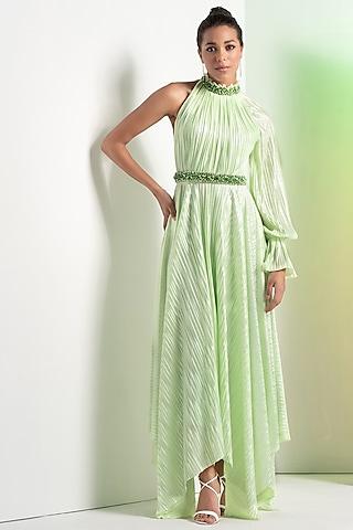 mint green shimmer lycra pleated asymmetric dress with belt