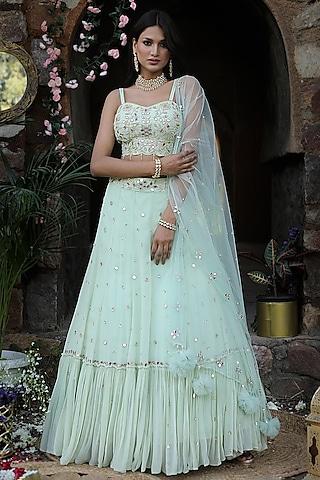 mint green silk & georgette hand embroidered flared lehenga set