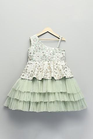 mint green silk & soft net floral embroidered ruffled dress for girls