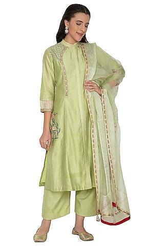 mint green silk chanderi beads & sequins embroidered tunic set