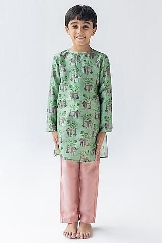 mint green silk chanderi digital printed kurta set for boys