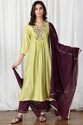 mint green silk chanderi embroidered kurta set