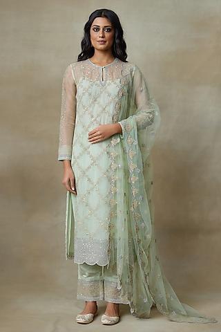 mint green silk organza embroidered kurta set