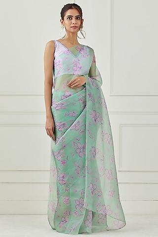 mint green silk organza printed saree set