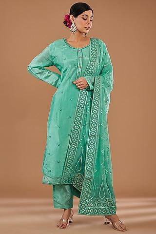 mint green silk thread work kurta set