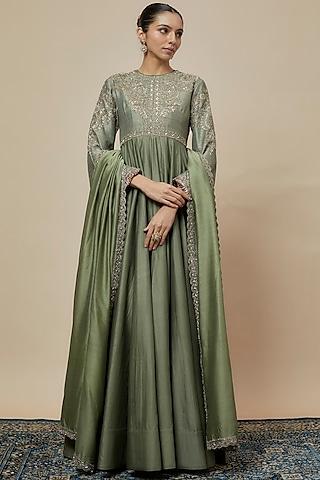 mint green silk zari embroidered anarkali set