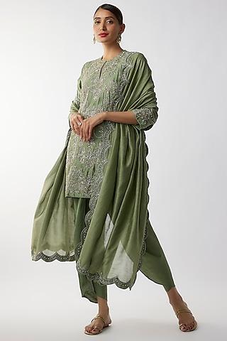 mint green silk zari embroidered kurta set